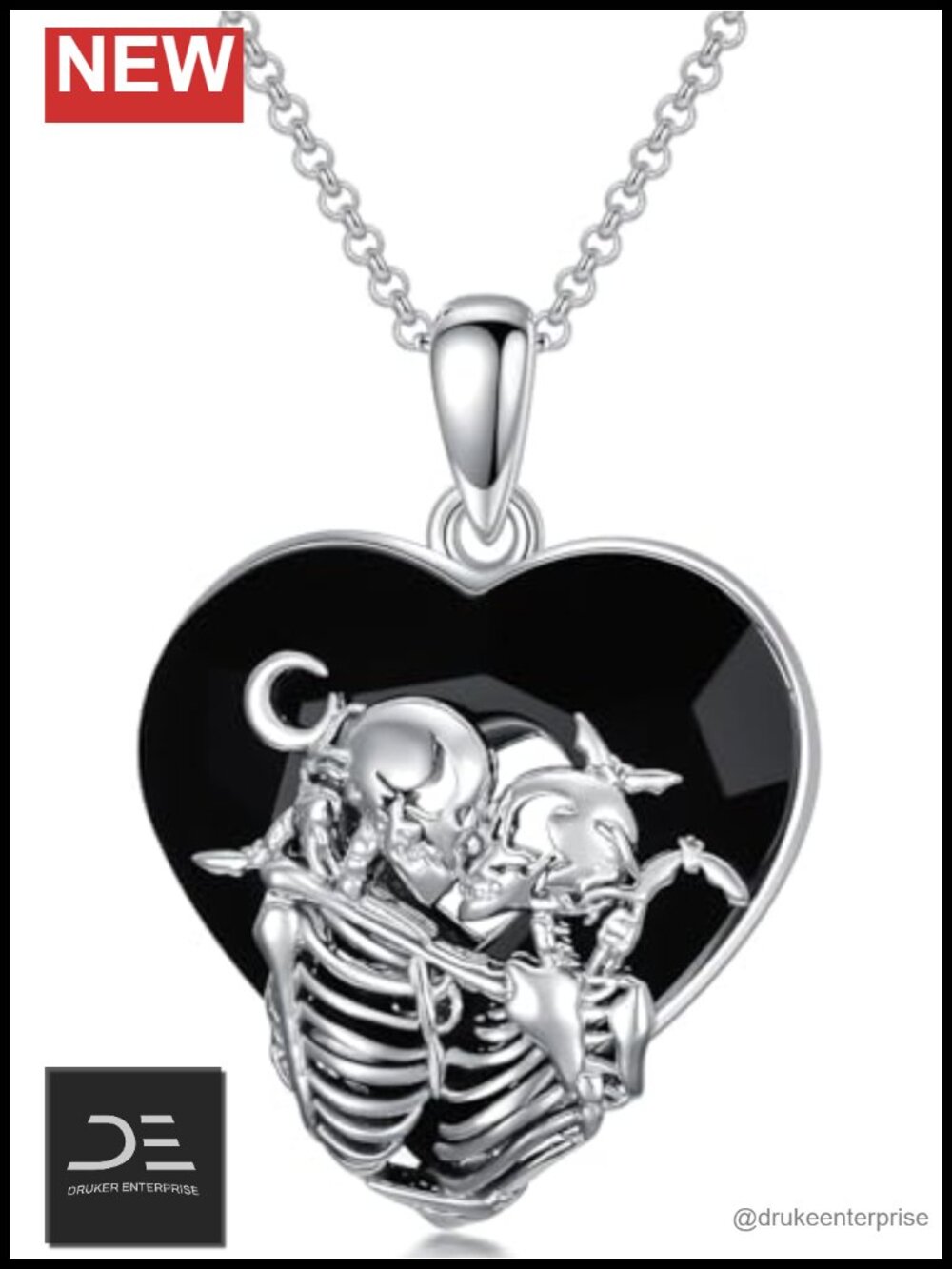 925 Sterling Silver Skull Lover Necklace Heart Crystal Pendant Gothic Gift